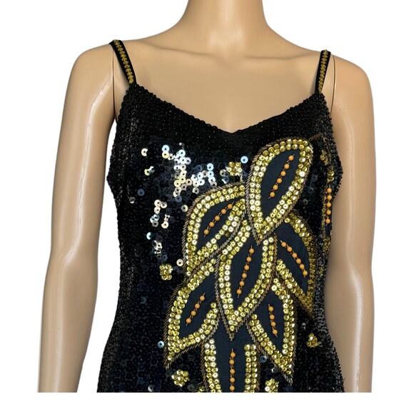 Beaded Sequin Womens Mini Dress Bodycon Party Cocktail Evening S/M Black Gold - Picture 7 of 10